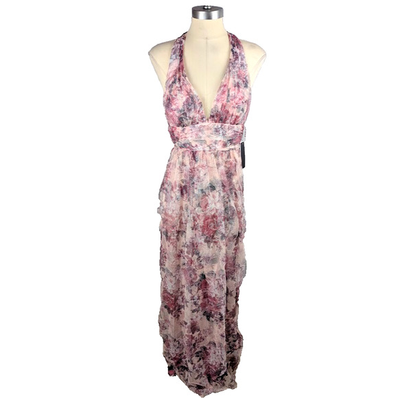 City Studios Juniors' Floral-Print Halter Gown Pink Magenta Glitter Size 3 Dress - Picture 2 of 5